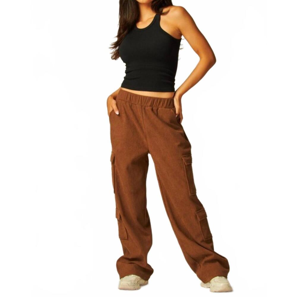 NEW LOVE POEM corduroy fleeced cargo pants in mahogany
